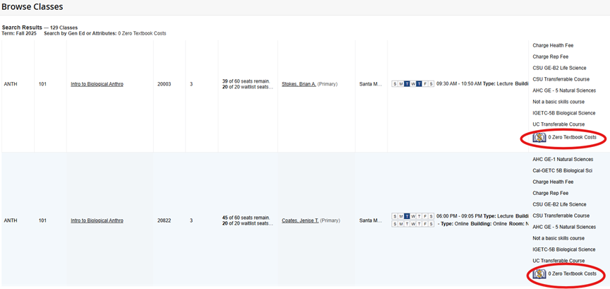 Course search results with the ZTC symbol circled in red